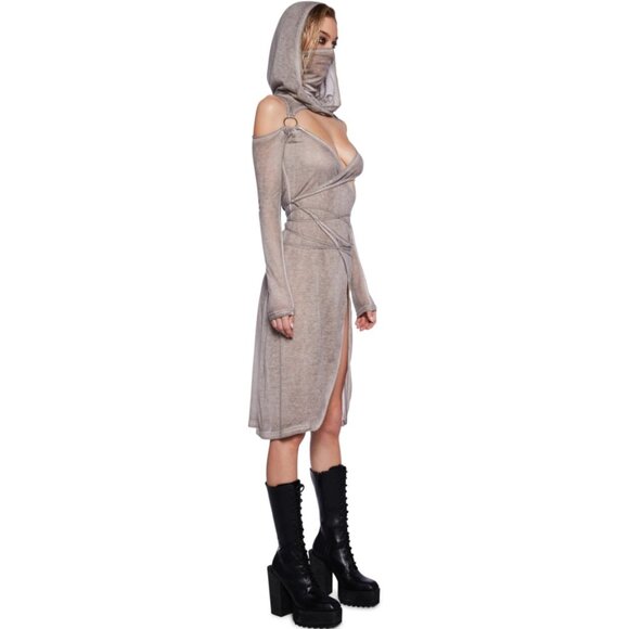 NWT Darker Wavs Semi-Sheer Hooded Turtleneck Midi Dress with Cut Out Detail - Picture 2 of 10